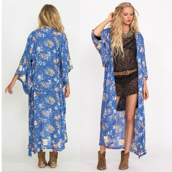 Rare Spell Designs Blue Sundancer Maxi Kimono Duster OS floral embroidered robe - Picture 3 of 17